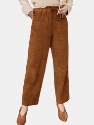 Solid Color Elastic Waist Corduroy Casual Pants For Women