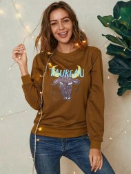 Cartoon Animal Print O-neck Long Sleeve Casual Sweatshirt For Women