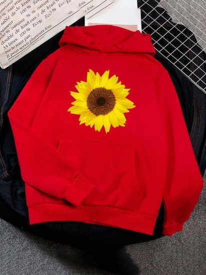 Casual Daisy Floral Printed Long Sleeve Hoodie With Pocket - Click Image to Close