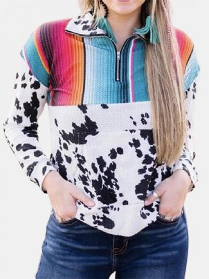 Colorful Striped Print Patchwork Lapel Collar Sweatshirt - Click Image to Close