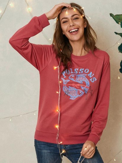 Fish Letter Print O-neck Long Sleeve Casual Sweatshirt For Women - Click Image to Close