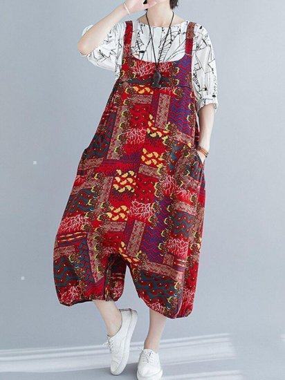 Ethnic Flower Leaves Print Straps Vintage Jumpsuit For Women - Click Image to Close