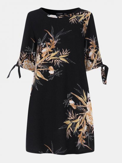 Floral Printed Half Sleeve O-neck Botanical Mini A-Line Dress - Click Image to Close