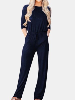 Solid Color Drawstring Long Sleeve Casual Jumpsuit