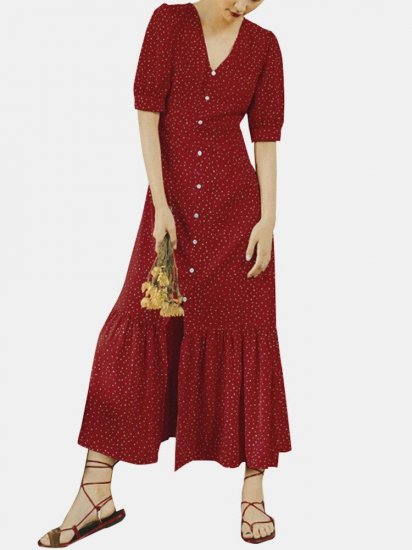 Vintage V-neck Summer Holiday Polka Dot Maxi Dress - Click Image to Close