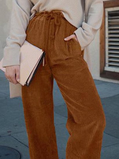 Solid Color Elastic Waist Corduroy Casual Pants For Women - Click Image to Close