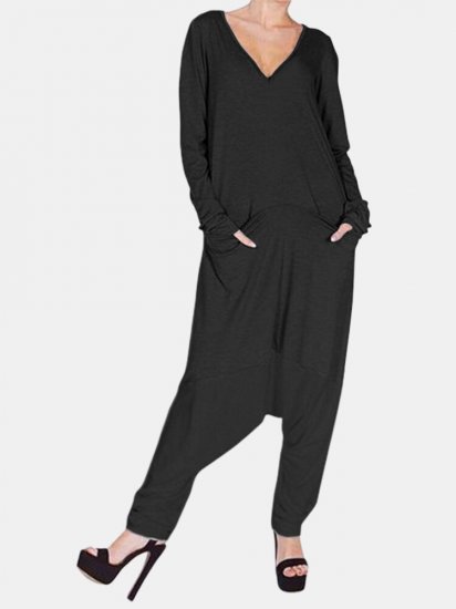 Solid V-neck Long Sleeve Loose Jumpsuit With Pocket - Click Image to Close