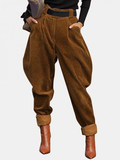 Solid Color High Waist Elastic Waist Casual Corduroy Pants For Women - Click Image to Close