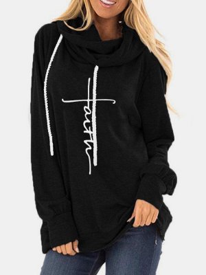 Letters Printed Long Sleeve Casual Drawstring Hoodie