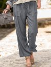 Solid Color Elastic Waist Drawstring Wide Leg Pants With Pocket