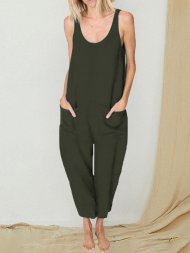 Solid Color Shoulder Strap Loose Jumpsuit With Pocket