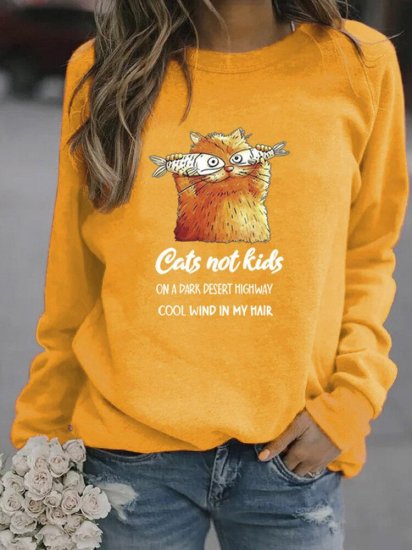 Cartoon Cat Printed Casual Long Sleeve T-Shirt For Women - Click Image to Close