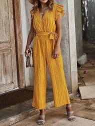 Tie Waist Stripe Sleeveless Wide Leg Jumpsuit For Women