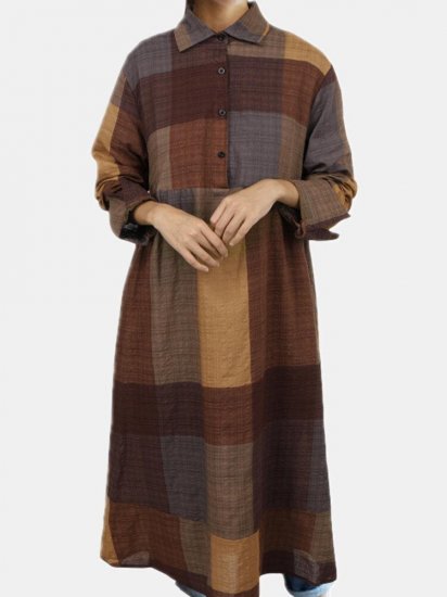 Women Plaid Print Long Sleeves Turn Down Collar Patchwork Dress - Click Image to Close