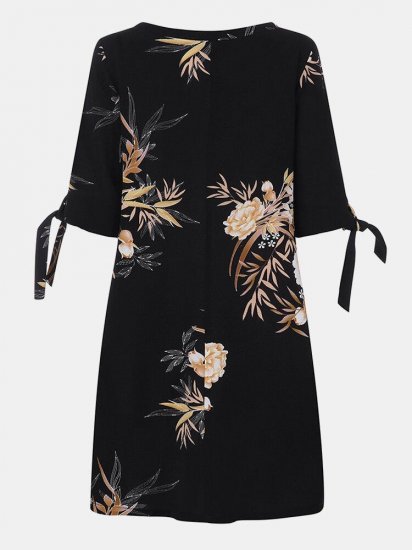 Floral Printed Half Sleeve O-neck Botanical Mini A-Line Dress - Click Image to Close