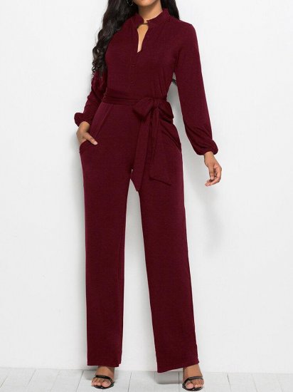 Solid Color Waistband Pocket Long Sleeve Casual Jumpsuit for Women - Click Image to Close