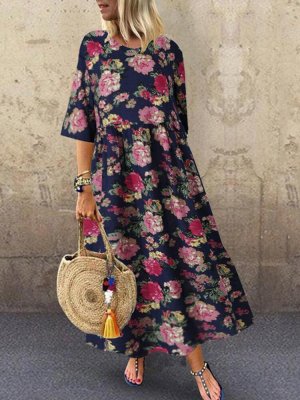 Vintage Floral Printed O-neck Half Sleeve Midi Dress