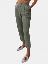 Casual Solid Color Button Pants With Pocket