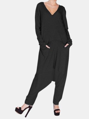 Solid V-neck Long Sleeve Loose Jumpsuit With Pocket