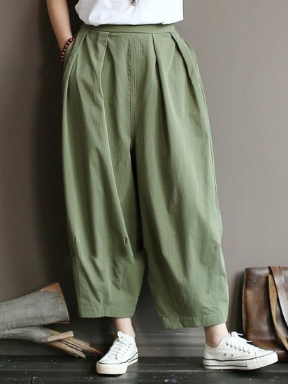 Pleated Solid Color Loose High Waist Casual Pants For Women - Click Image to Close