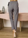 Solid Color Elastic Waist Lace-up Casual Pants With Pocket