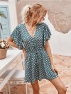 Dot Print Ruffled Sleeves V-neck Casual Jumpsuit For Women