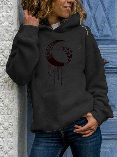 Cartoon Moon Print Casual Long Sleeve Hoodie For Women - Click Image to Close