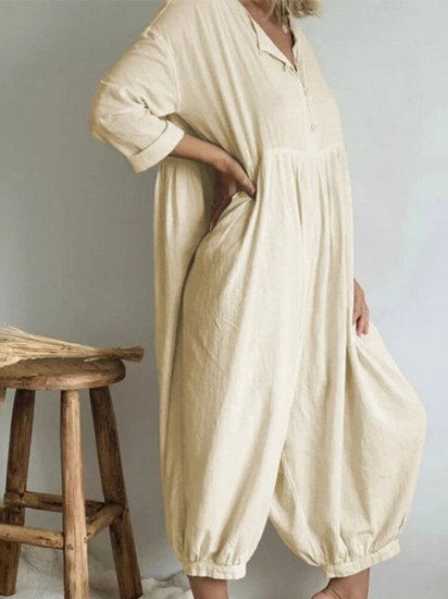 Solid Color Long Sleeves Button Loose Harem Pants Jumpsuit - Click Image to Close