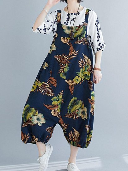 Ethnic Flower Leaves Print Straps Vintage Jumpsuit For Women - Click Image to Close