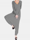 Solid V-neck Long Sleeve Loose Jumpsuit With Pocket