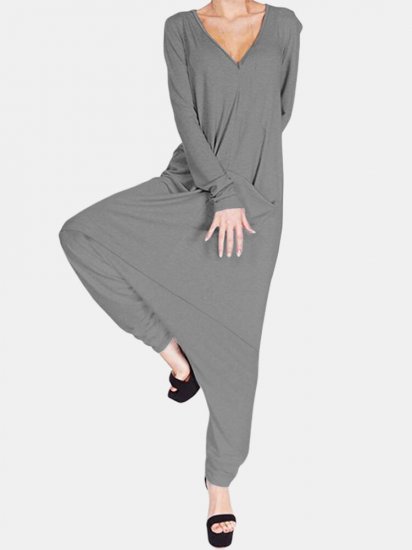 Solid V-neck Long Sleeve Loose Jumpsuit With Pocket - Click Image to Close