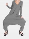 Solid V-neck Long Sleeve Loose Jumpsuit With Pocket