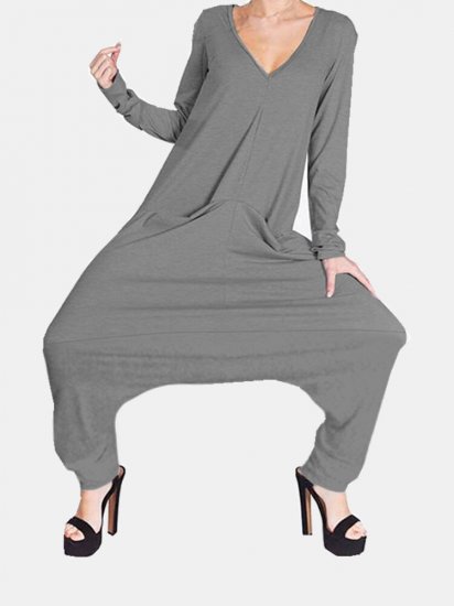 Solid V-neck Long Sleeve Loose Jumpsuit With Pocket - Click Image to Close