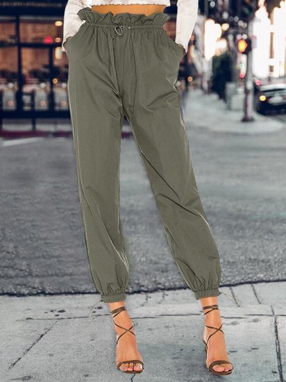 Solid Color Drawstring High Waist Elastic Casual Pants With Pockets - Click Image to Close