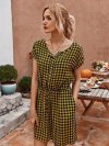 Plaid Print Short Sleeves O-neck Button Causal Jumpsuit For Women