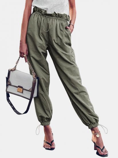 Solid Color Drawstring High Waist Elastic Casual Pants With Pockets - Click Image to Close