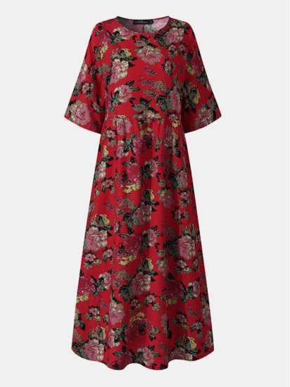 Vintage Floral Printed O-neck Half Sleeve Midi Dress - Click Image to Close