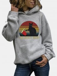 Black Cat Print Long Sleeves Casual Hoodies for Women