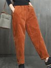 Pockets Solid Color Elastic Waist Casual Corduroy Pants