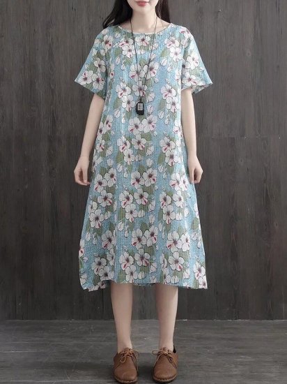 Side Splited Stripe Floral Print Short Sleeve Vintage Dresses - Click Image to Close