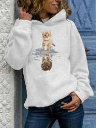 Cartoon Cat Print Long Sleeve Casual Hoodie For Women