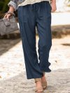 Solid Color Elastic Waist Drawstring Wide Leg Pants With Pocket