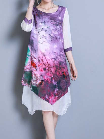 Elegant Print Fake Two Pieces Irregular O-neck Dress For Women - Click Image to Close