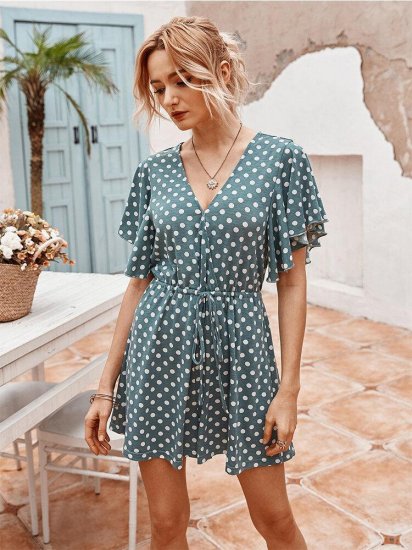 Dot Print Ruffled Sleeves V-neck Casual Jumpsuit For Women - Click Image to Close