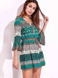 Bohemian Women Flounce Bell Sleeve Floral Printed V-neck Mini Dresses