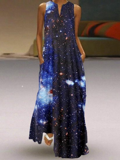 Starry Sky Printed V-neck Sleeveless Maxi Dress With Pocket - Click Image to Close