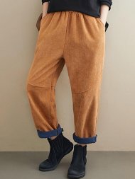 Vintage Corduroy Elastic Waist Patched Color Retro Harem Pants