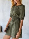 Solid Color Button Elastci Waist Half-sleeved O-neck Jumpsuit For Women