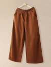 Corduroy Solid Color Elastic Waist Pocket Wide Leg Loose Pants