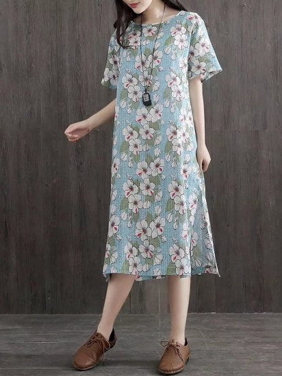 Side Splited Stripe Floral Print Short Sleeve Vintage Dresses - Click Image to Close